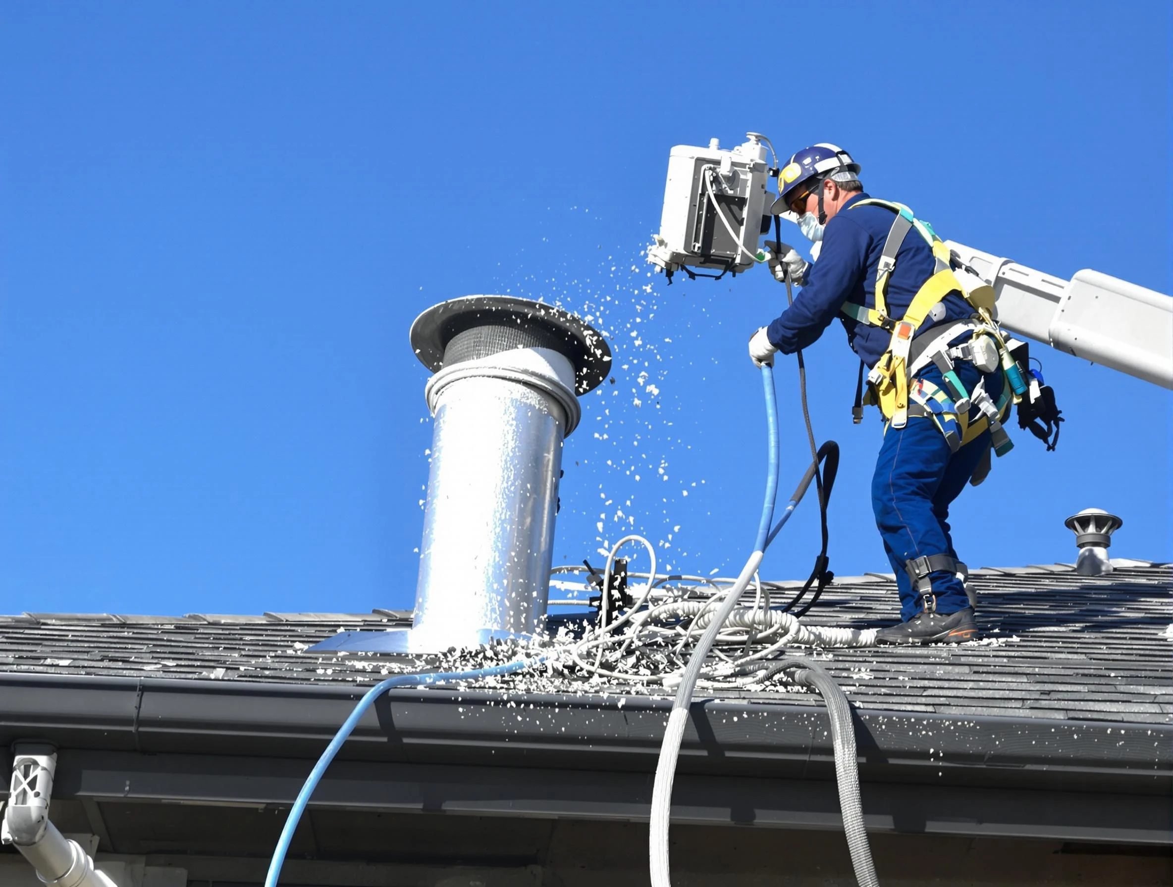 Riverdale Dryer Vent Cleaning certified technician safely cleaning a roof-mounted dryer vent in Riverdale